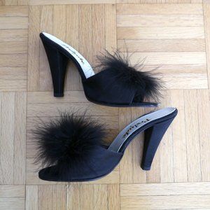 80s Vintage Black High-Heel Mules with Feathers